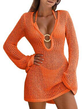Women's Orang Acrylic Crochet Mesh Bathing Cover UPS Summer Knit Swimwear